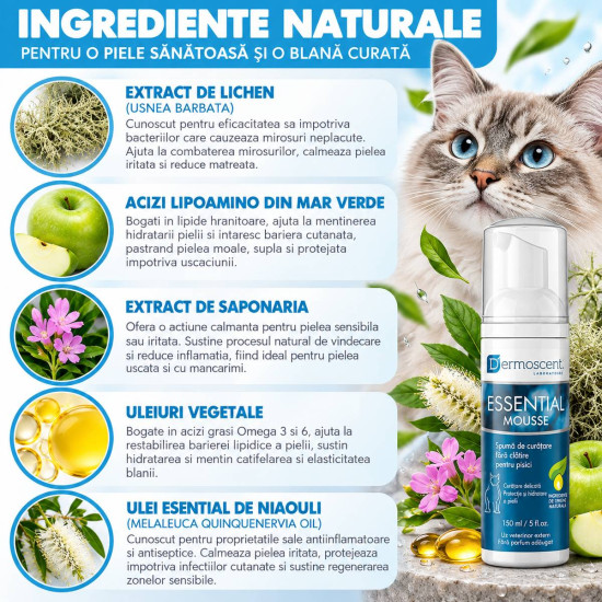 Dermoscent Essential Mousse for Cats – Spumă Dermatologică fără Clătire pentru Pisici – 150 ml
